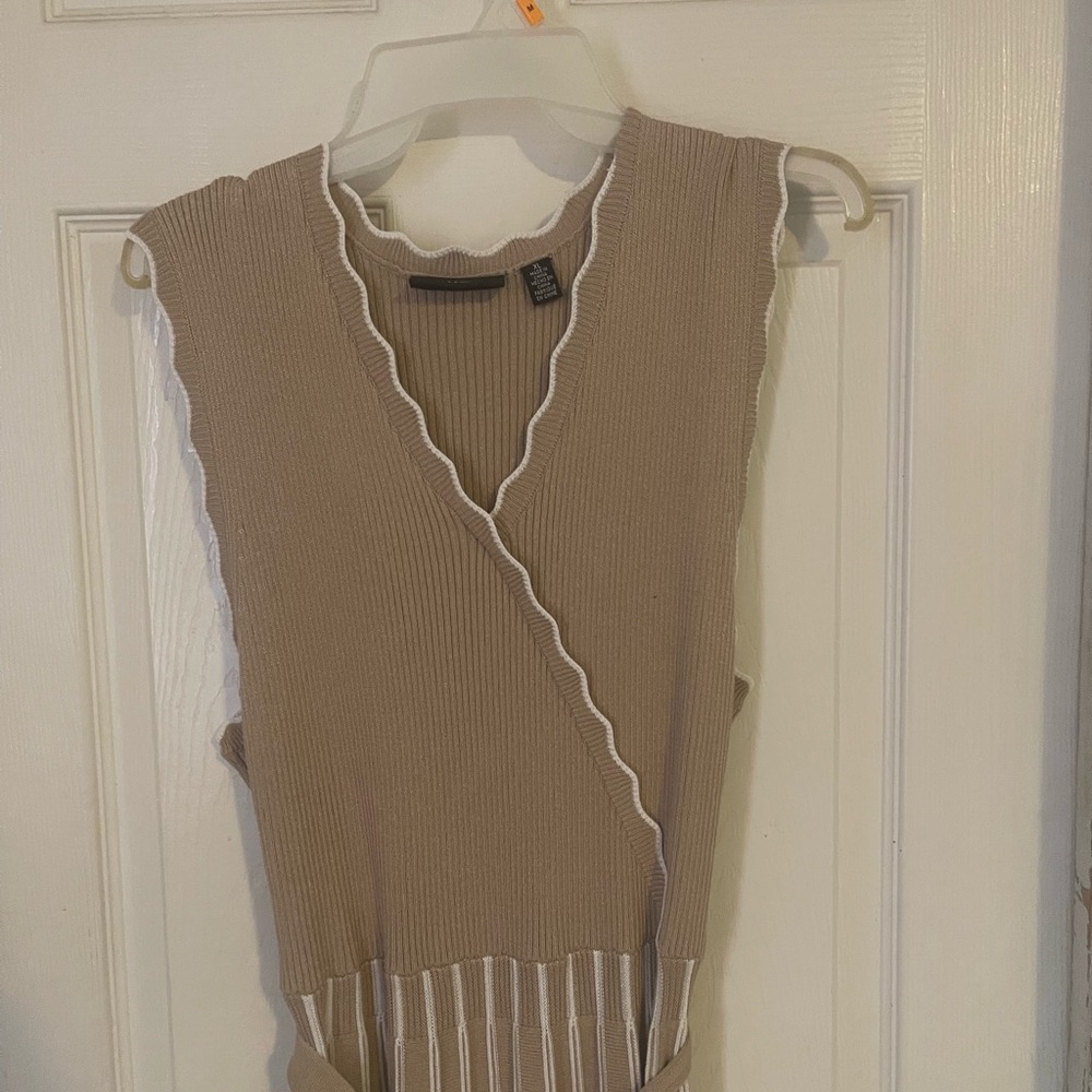 Tan Sleeveless Wrap Dress with White Trim